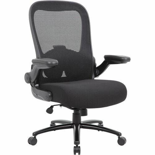 Boss Heavy Duty Flip Arm Mesh Chair - Black Fabric, High Density Foam (HDF) Seat - Black Mesh Back - Black Frame - 5-star Base - Armrest - 1 Each