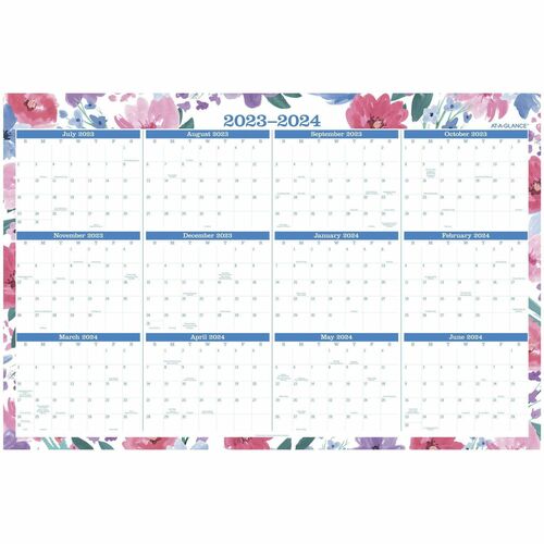 At-A-Glance Badge Calendar - Extra Large Size - Academic - Yearly - January 2024 - December 2024 - 36" x 24" White Sheet - Wall Mount - Blue, Pink, Red, White - Paper - Reversible, Erasable, Unruled Daily Block, Appointment Schedule, Double-sided, Durable