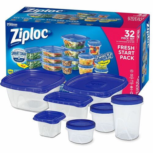 Ziploc® Fresh Start Pack - Food Storage - Dishwasher Safe - Microwave Safe - Clear, Blue - 16 / Pack