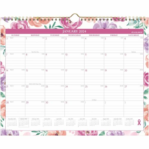At-A-Glance Badge Monthly Wall Calendar - Medium Size - Monthly - 12 Month - January 2024 - December 2024 - 1 Month, 1 Week Single Page Layout - 15" x 12" Sheet Size - Twin Wire - Wall Mount - Multi - Paper - Bleed Resistant, Dated Planning Page, Daily Bl