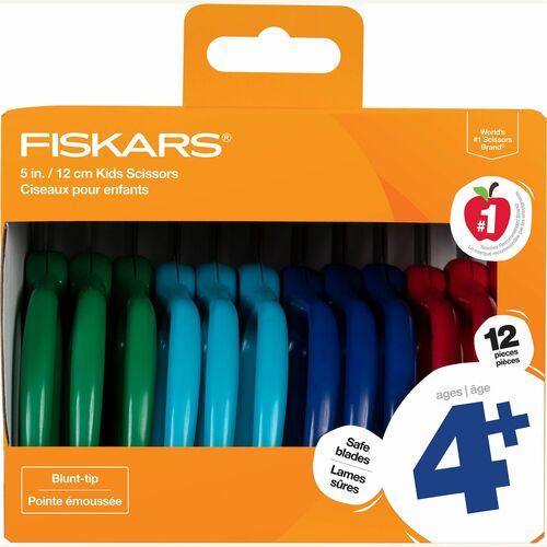 Fiskars 5" Blunt-tip Kids Scissors - Safety Edge Blade - Blunted Tip - Green, Turquoise, Blue, Red - 12 / Pack