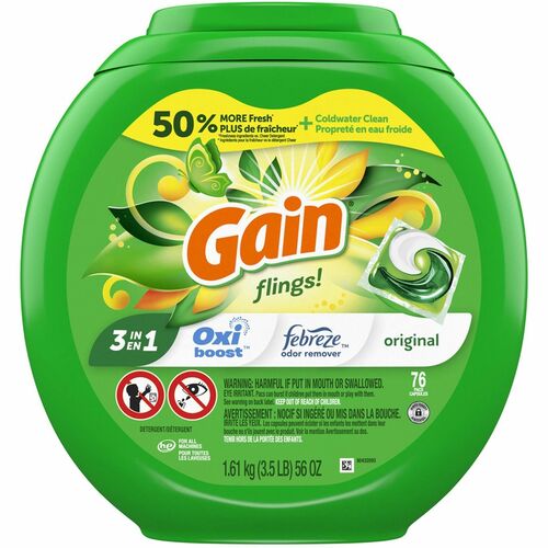 Gain Flings Detergent Pacs - Liquid - Gain, Original Scent - 76 / Pack - Green