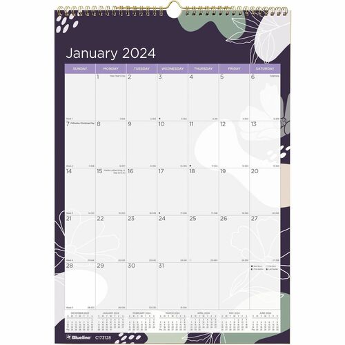 Blueline Abstract Floral Monthly Wall Calendar - Monthly - 12 Month - January - December - 1 Month Single Page Layout - 17" x 12" Sheet Size - Wire Bound - Wall Mount - Abstract Floral - Chipboard - Dated Planning Page, Daily Block, Reference Calendar, Re