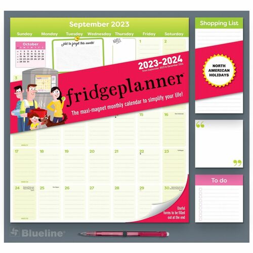 Blueline Fridgeplanner Monthly Magnet Calendar - Monthly - 16 Month - September 2023 - December 2024 - 1 Month Single Page Layout - 13 1/2" x 14" Sheet Size - Blue/White - Magnetic, Monthly Calendar, To-do List, Notes Section, Dated Planning Page, Ruled D