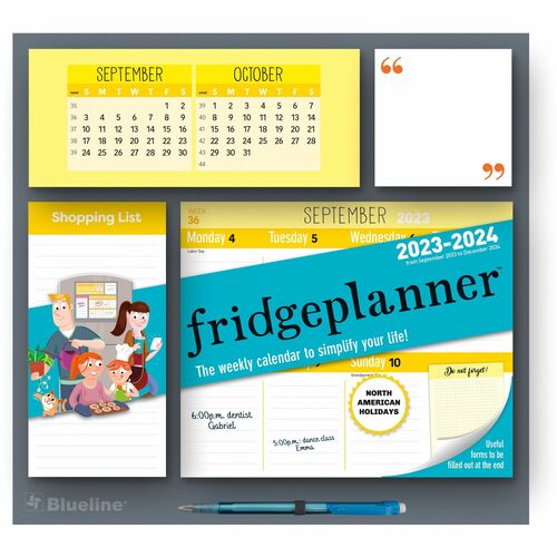 Blueline Fridgeplanner Weekly Magnet Calendar - Weekly - 16 Month - September 2023 - December 2024 - 1 Week Single Page Layout - 13" x 12 1/2" Sheet Size - Blue/White - Magnetic, Reference Calendar, Memo Section, Reinforced, Compact, Repositionable, Pen L