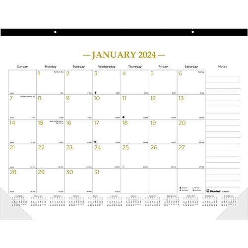 Blueline Classic Gold Monthly Desk Pad Calendar - Monthly - 12 Month - January 2024 - December 2024 - 1 Month Single Page Layout - 17" x 22" Sheet Size - Desk Pad - Clear, White - Chipboard, Vinyl - Dated Planning Page, Daily Block, Notes Section, Referen