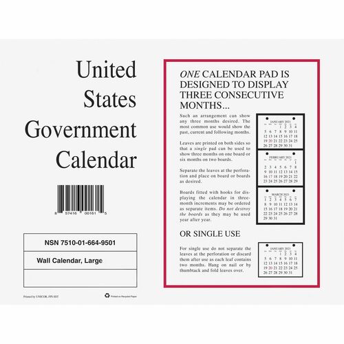 Unicor Monthly Wall Calendar - Julian Dates - Monthly - White - 11" Height x 8.5" Width - 10 / Pack