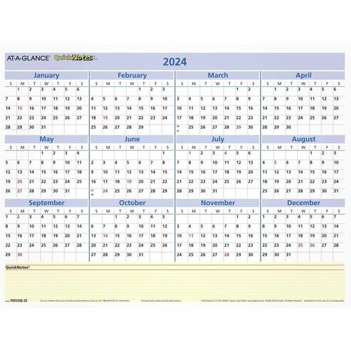 2024 AT-A-GLANCE® QuickNotes Reversible Erasable Monthly/Yearly Wall Calendar, 16" x 12", January to December 2024, PM550B28 - Medium Size - Monthly, Yearly - 12 Month - January 2024 - December 2024 - 1 Month Single Page Layout - 12" x 16" W