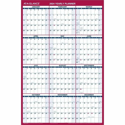 At-A-Glance 2024 Vertical Horizontal Reversible Erasable Wall Calendar, Large, 36" x 24" - Large Size - Julian Dates - Monthly, Yearly - 12 Month - January 2024 - December 2024 - 24" x 36" White Sheet - Wall Mount - Blue, Red, White - Laminate - Appointme