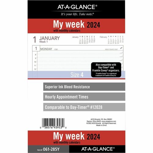At-A-Glance 2024 Weekly Planner Refill, Loose-Leaf, Desk Size, 5 1/2" x 8 1/2" - Julian Dates - Weekly - January 2024 - December 2024 - 8:00 AM to 5:00 PM - Hourly - Monday - Friday, Hourly - 1 Week Double Page Layout - 5 1/2" x 8 1/2" White Sheet - 7-rin
