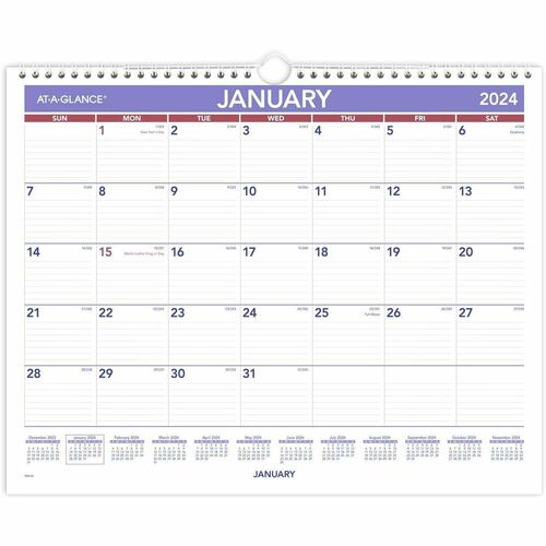 2024 AT-A-GLANCE® Monthly Wall Calendar, 15" x 12", January To December 2024, PM828 - Medium Size - Julian Dates - Monthly - 12 Month - January 2024 - December 2024 - 1 Month Single Page Layout - 12" x 15" White Sheet - Wire Bound - Wall Mou