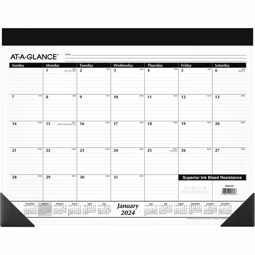 2024 AT-A-GLANCE® Monthly Desk Pad Calendar, 21-3/4" x 17", January To December 2024, SK2200 - Standard Size - Julian Dates - Monthly - 12 Month - January 2024 - December 2024 - 1 Month Single Page Layout - 21 3/4" x 17" White Sheet - Headba