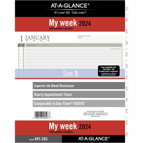 At-a-Glance 2024 Weekly Planner Refill, Loose Leaf, Folio Size, 8 1/2" x 11" - Julian Dates - Weekly - January 2024 - December 2024 - 7:00 A.M to 6:00 P.M, Hourly - 1 Week Double Page Layout - 8 1/2" x 11" White Sheet - 7-ring - White - Paper - Ruled, Tab
