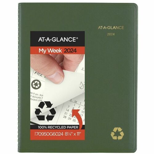 At-a-Glance Recycled 2024 Weekly Monthly Appointment Book Planner, Green, Large, 8 1/4" x 11 - Large Size - Julian Dates - Weekly, Monthly - 12 Month - January 2024 - December 2024 - Quarter-hourly, 7:00 AM to 8:45 PM - Monday - Friday, 7:00 AM to 5:30 PM