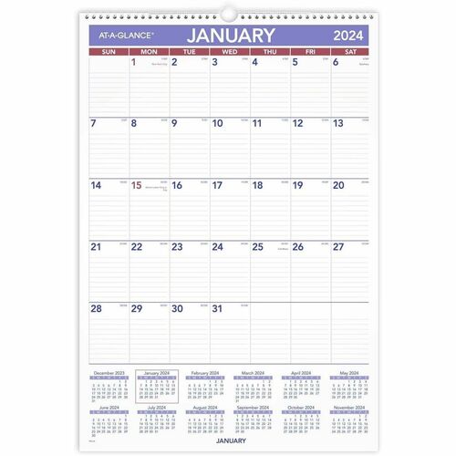 2024 AT-A-GLANCE® Monthly Wall Calendar, 15-1/2" x 22-3/4", January To December 2024, PM328 - Large Size - Julian Dates - Monthly - 12 Month - January 2024 - December 2024 - 1 Month Single Page Layout - 15 1/2" x 22 3/4" White Sheet - Wire B