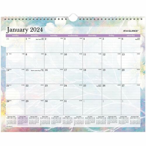2024 AT-A-GLANCE® Dreams Monthly Wall Calendar, 15" x 12", January To December 2024, PM83-707 - Medium Size - Julian Dates - Monthly - 12 Month - January 2024 - December 2024 - 1 Month Single Page Layout - 12" x 15" White Sheet - Wire Bound 