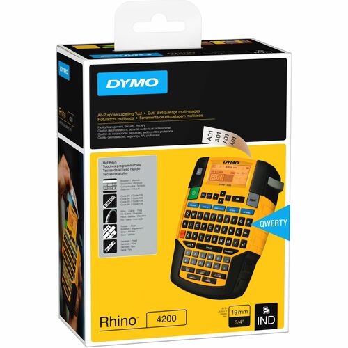 Dymo Rhino 4200 Label Maker - Thermal Transfer - 0.59 in/s Mono - Label, Tape - 0.24" , 0.35" , 0.47" , 0.75" - LCD Screen - Battery - 6 Batteries Supported - AA - Alkaline - Black, Yellow - QWERTY, Barcode Printing, Hot Key - for Factory, Office, Home, I
