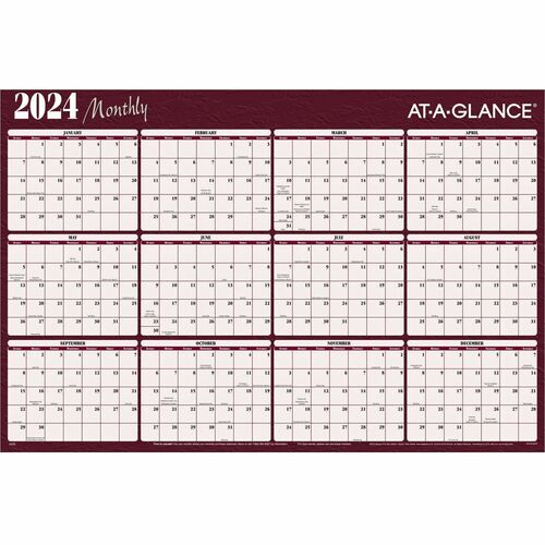 2024 AT-A-GLANCE® Horizontal Reversible Erasable Yearly Wall Calendar, 48" x 32", Red, January to December 2024, A152 - Large Size - Yearly - 12 Month - January 2024 - December 2024 - 48" x 32" White Sheet - 1.63" x 1.50" Block - Tapebound -
