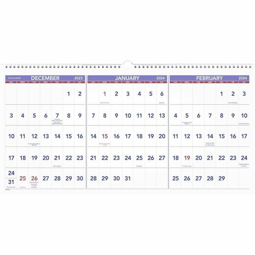 AT-A-GLANCE® 3-Month Horizontal 15-Month Wall Calendar, 24" x 12", December 2023 to February 2025, PM1428 - Large Size - Monthly - 15 Month - December 2023 - February 2025 - 1 Month Single Page Layout - 24" x 12" White Sheet - 1.94" x 1.06" 
