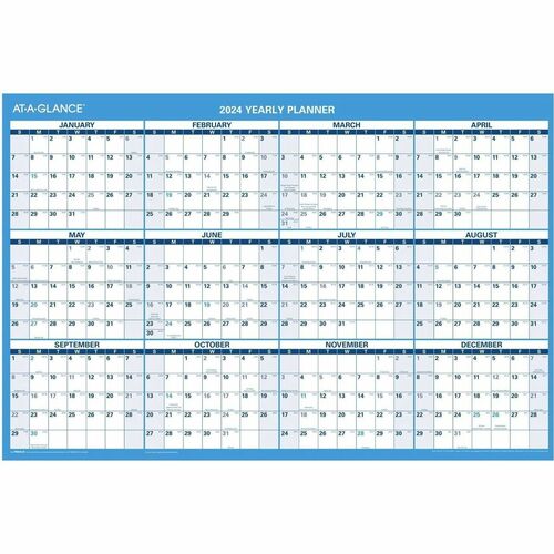 2024 AT-A-GLANCE® Horizontal Reversible Erasable Yearly Wall Calendar, 36" x 24", January to December 2024, PM20028 - Large Size - Julian Dates - Yearly - 12 Month - January 2024 - December 2024 - 36" x 24" White Sheet - 1.25" x 1.25" Block 