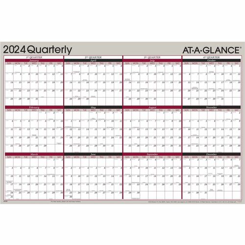 2024 AT-A-GLANCE® Vertical/Horizontal Reversible Erasable Quarterly Wall Calendar, 36" x 24", Tan, January to December 2024, A123 - Large Size - Julian Dates - Yearly - 12 Month - January 2024 - December 2024 - 24" x 36" White Sheet - 1.31" 