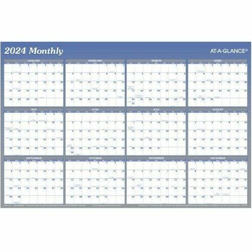 At-a-Glance Calendar - Large Size - Yearly - 12 Month - January 2024 - December 2024 - 24" x 36" White Sheet - 1.50" x 1.25" Block - Tapebound - Wall Mount - Blue - Laminate, Paper - Date Indicator, Reversible, Erasable, Unruled Daily Block, Appointment S
