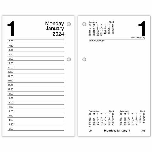 2024 AT-A-GLANCE® Daily Loose-Leaf Desk Calendar Refill, 3-1/2" x 6", January To December 2024, E71750 - Standard Size - Julian Dates - Daily - 12 Month - January 2024 - December 2024 - 7:00 AM to 5:00 PM - Half-hourly - 1 Day Double Page La