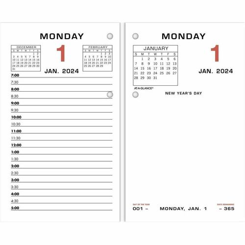 2024 AT-A-GLANCE® Daily Loose-Leaf Desk Calendar Refill, 3-1/2" x 6", January to December 2024, E01750 - Standard Size - Julian Dates - Daily - 12 Month - January 2024 - December 2024 - 7:00 AM to 5:00 PM - Half-hourly - 1 Day Double Page La
