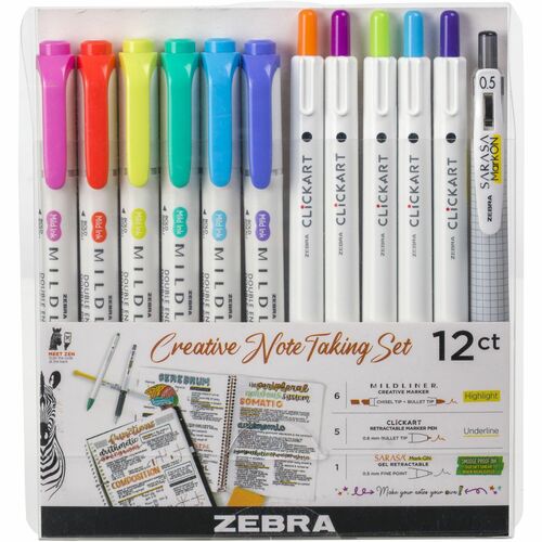 Zebra Creative Note Taking Set - Fine Pen Point - Fine Marker Point - Chisel, Bullet Marker Point Style - Felt Tip - Assorted Gel-based Ink - Retractable - 12 / Pack