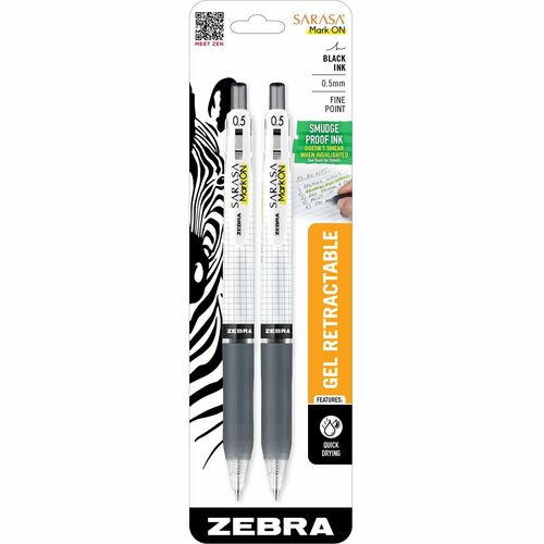 Zebra Pen SARASA Mark ON Gel Retractable Pens - Fine Pen Point - 12.7 mm Pen Point Size - Retractable - Black Water Based Ink - 2 / Pack