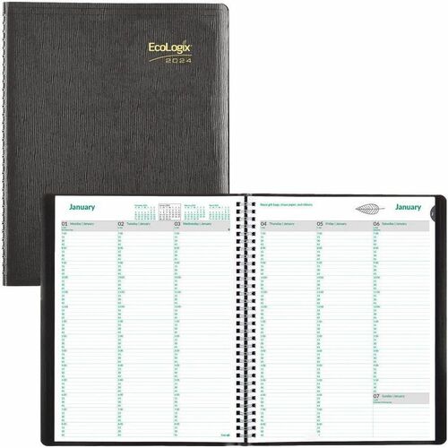 Brownline EcoLogixAppointment Book/Planner - Large Size - Weekly - 12 Month - January 2024 - December 2024 - 7:00 AM to 8:45 PM - Quarter-hourly - 1 Week Double Page Layout - 8 1/2" x 11" White Sheet - Wire Bound - Black CoverDaily Block, Reference Calend