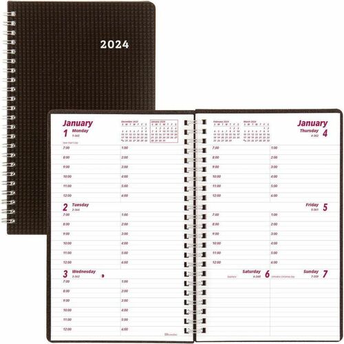 Brownline DuraFlex Weekly Planner 2023, Black - Weekly - 12 Month - January 2024 - December 2024 - 7:00 AM to 6:00 PM - Hourly - 1 Week Double Page Layout - 5" x 8" White Sheet - Twin Wire - Black - Poly, Plastic - Black CoverRuled Planning Space, Telepho