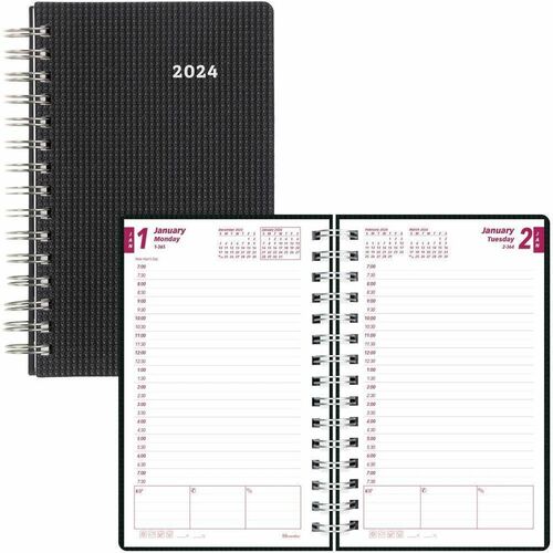 Brownline DuraFlex Appointment Book/Planner - Professional - Daily, Monthly - 12 Month - January 2024 - December 2024 - 7:00 AM to 7:30 AM Half-hourly - 1 Day Single Page Layout 1 Month Double Page Layout - 5" x 8" White Sheet - Twin Wire - Plastic - Blac