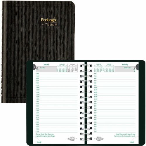 Brownline EcoLogix Daily Planner 2023, Black - Daily - 12 Month - January 2024 - December 2024 - 7:00 AM to 7:30 PM - Half-hourly - 1 Day, 2 Day Single Page Layout - 5" x 8" White Sheet - Twin Wire - Black - Wood - Black CoverDaily Block, Ecological Tip, 
