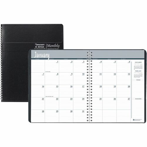 SKILCRAFT Monthly Appointment Planner - Monthly - 14 Month - December - January - 2 Month Double Page Layout - Wire Bound - Black - 8.8" Height x 6.9" Width - Reminder Section, Daily Block, Memo Section, Expense Tracking - 1 Each