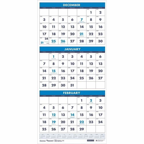 SKILCRAFT 3-month Wall Calendar - Monthly - 14 Month - December - January - 1 Month Single Page Layout - Wire Bound - Black, Blue, Multi - 26" Height x 12.2" Width - Reference Calendar, Dated Planning Page, Sturdy, Hanging Loop, Printed, Holiday Listing -