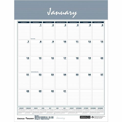 SKILCRAFT Monthly Wall Calendar - Monthly - 12 Month - January - December - 1 Month Single Page Layout - Multi - 11" Height x 8.5" Width - 1 Each