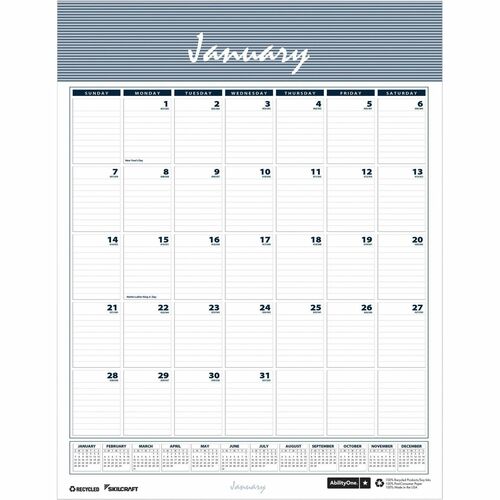 SKILCRAFT Monthly Wall Calendar - Monthly - 12 Month - January - December - 1 Month Single Page Layout - Wire Bound - Multi - 22" Height x 15.5" Width - Holiday Listing, Reference Calendar, Reference Month, Sturdy, Hanging Loop - 1 Each