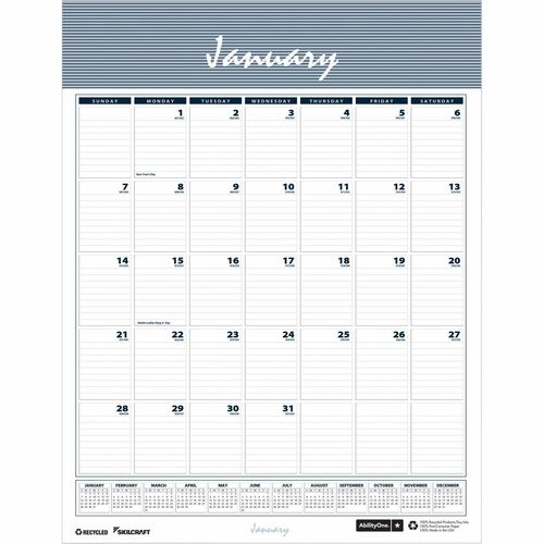 SKILCRAFT Monthly Wall Calendar - Monthly - 12 Month - January - December - 1 Month Single Page Layout - Wire Bound - Black - 17" Height x 12" Width - Printed, Holiday Listing, Reference Calendar, Reference Month, Hanging Loop - 1 Each