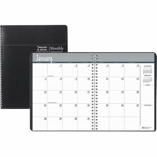 SKILCRAFT 14-month Appointment Planner - Weekly - 14 Month - December - January - 2 Month Double Page Layout - Wire Bound - Black - 11" Height x 8.5" Width - Dated Planning Page, Appointment Schedule, Holiday Listing, Embossed - 1 Each