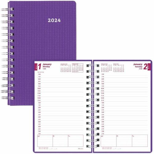 Brownline DuraFlex Planner - Daily, Monthly - 12 Month - January 2024 - December 2024 - 7:00 AM to 7:30 PM - Half-hourly - 1 Day Single Page Layout - 5" x 8" White Sheet - Wire Bound - Plastic - Purple CoverTear-off, Appointment Schedule, Reminder Section