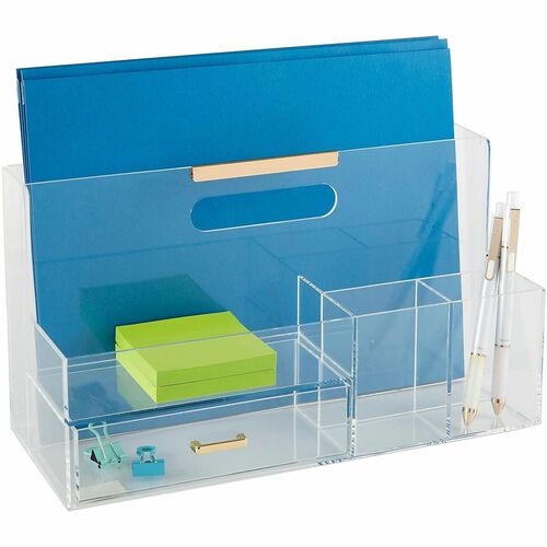 Realspace® Vayla Acrylic Desk Caddy With Drawer, 6-7/8"H x 12-1/2"W x 5-3/8"D, Clear/Gold - 6 Compartment(s) - 1 Drawer(s) - 6.80" Height x 12.50" Width x 5.30" Depth - Desktop - Non-skid Base - Gold, Clear - Acrylic - 1 Each