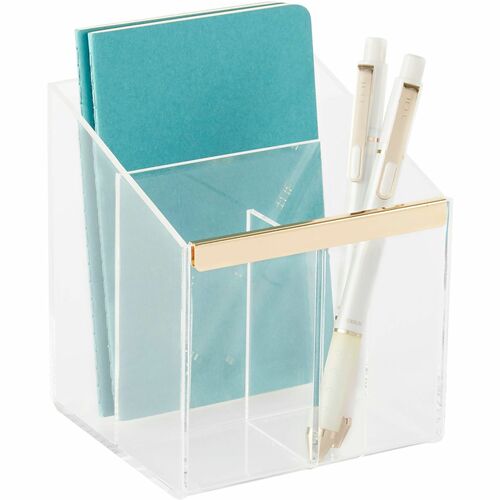 Realspace® Vayla Acrylic 3-Compartment Pen Holder, 4-7/8"H x 4"W x 4-1/8"D, Clear/Gold - 3 Compartment(s) - 4.80" Height x 4" Width x 4.10" Depth - Desktop - Non-skid Base - Gold, Clear - Acrylic - 1 Each