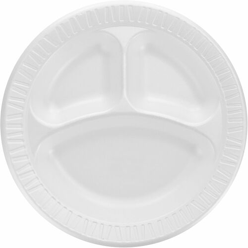 Dart Quiet Classic 10-1/4" Laminated Foam 3-Compartment Plates - 125 / Pack - Breakroom, Serving - 10.2" Diameter - White - Foam, Polystyrene Body - 4 / Carton