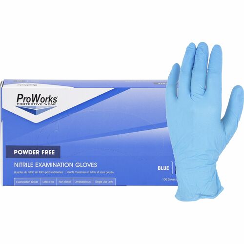 ProWorks Nitrile Powder-Free Exam Gloves - Medium Size - For Right/Left Hand - Nitrile - Blue - Comfortable, Latex-free, Non-sterile - For Industrial, Food Service, Construction, First Responder/Defense, Healthcare, Hospitality, Examination - 100 / Box - 
