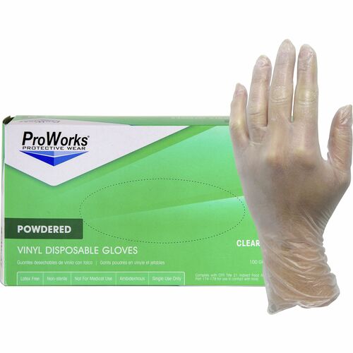 ProWorks Vinyl Powdered Industrial Gloves - Small Size - Vinyl - Clear - Powdered, Non-sterile - For Industrial, General Purpose, Construction, Food Processing, Food Service, Hospitality - 100 / Box - 3 mil Thickness - 9" Glove Length