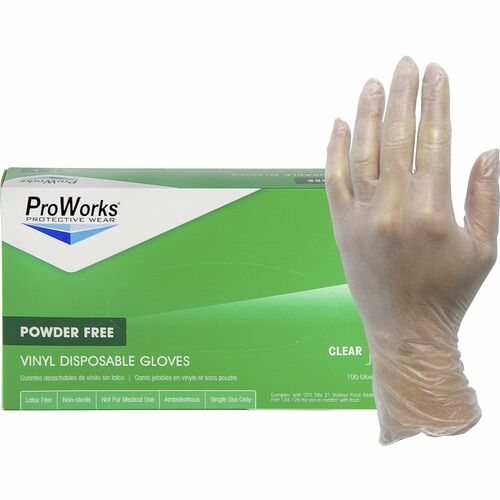 ProWorks Vinyl Powder-Free Industrial Gloves - Medium Size - Vinyl - Clear - Non-sterile - For Industrial, Food Processing, Construction, Food Service, Hospitality, General Purpose - 100 / Box - 3 mil Thickness - 9" Glove Length