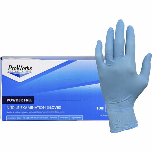 ProWorks NPF Nitrile Powder Free Exam Gloves - Large Size - For Right/Left Hand - Synthetic Nitrile Rubber - Blue - Non-sterile, Latex-free, Odor-free, Puncture Resistant, Tear Resistant, Chemical Resistant, Textured Fingertip, Comfortable - For Automotiv