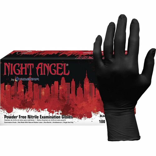 NIGHT ANGEL Nitrile Powder Free Exam Glove - Large Size - For Right/Left Hand - Nitrile - Black - Latex-free, Soft, Flexible, Non-sterile, Textured - For Examination, Tattoo Studio, Cosmetology, Law Enforcement, Correction, Dental, First Responder/Defense