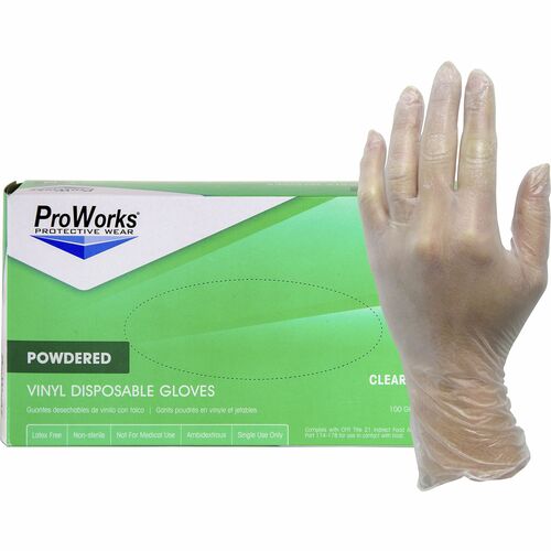 ProWorks Vinyl Powdered Industrial Gloves - X-Large Size - Vinyl - Clear - Powdered, Non-sterile - For Industrial, General Purpose, Construction, Food Processing, Food Service, Hospitality - 100 / Box - 3 mil Thickness - 9" Glove Length